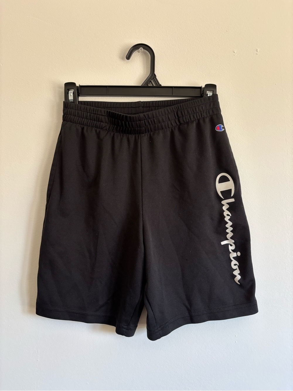 Champion Black Mesh Shorts with White Script Logo
